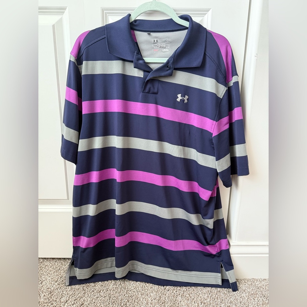 Under Armour Men's Navy and Pink Striped Polo